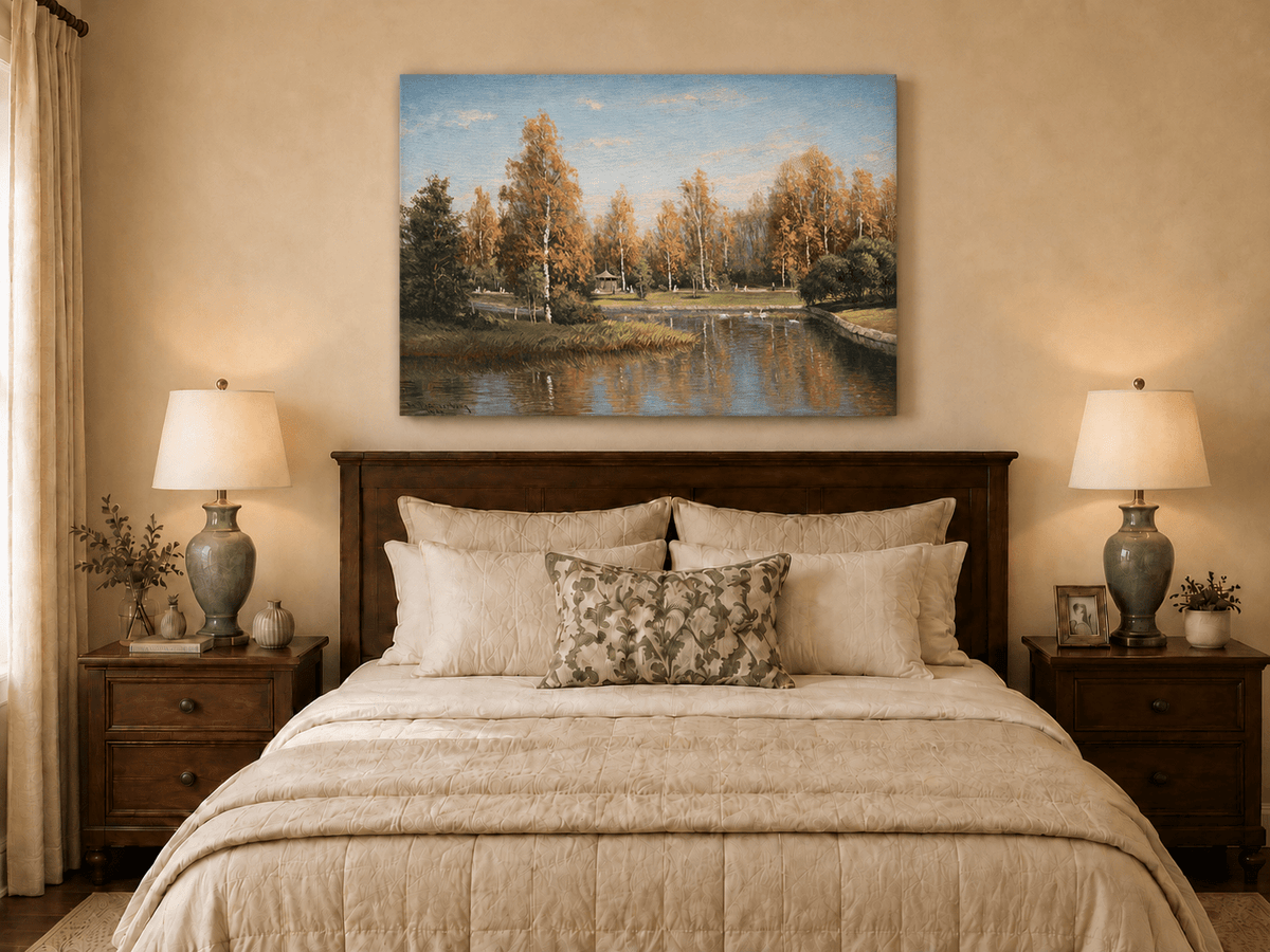 Peinture à l'huile de paysage - Parc de bouleaux d'automne au bord du lac