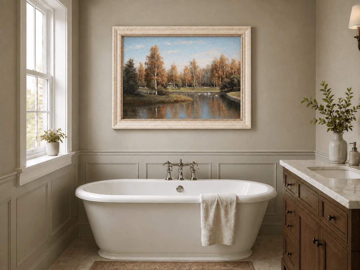 Peinture à l'huile de paysage - Parc de bouleaux d'automne au bord du lac