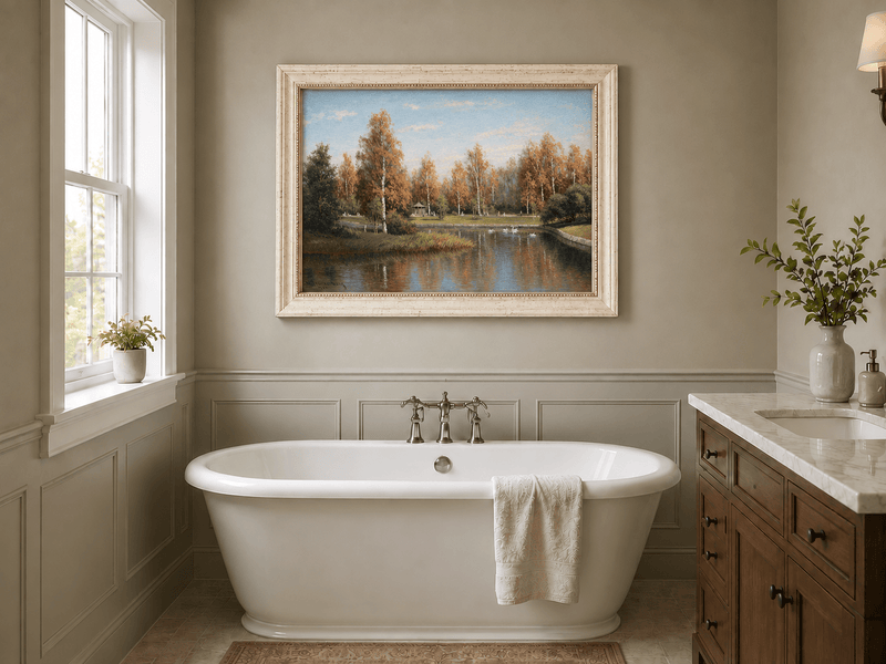 Peinture à l'huile de paysage - Parc de bouleaux d'automne au bord du lac