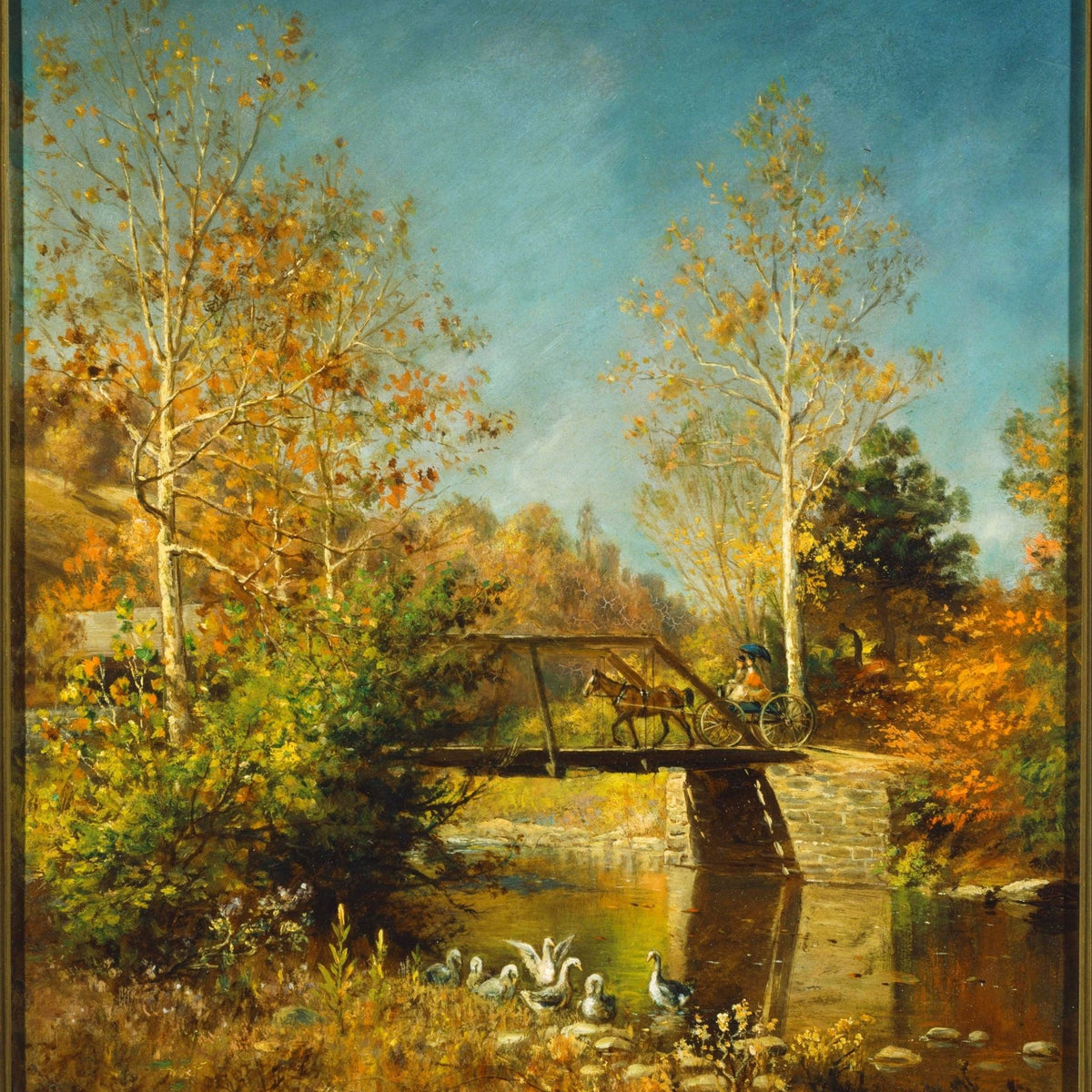 Hand painted landscape oil painting on canvas featuring autumn trees, a bridge with a horse carriage crossing, and textured. - Add Frame, Animal, Architecture, Canvas, Country, Hand Painted, Landscape, Made To Order, Oil Painting, River