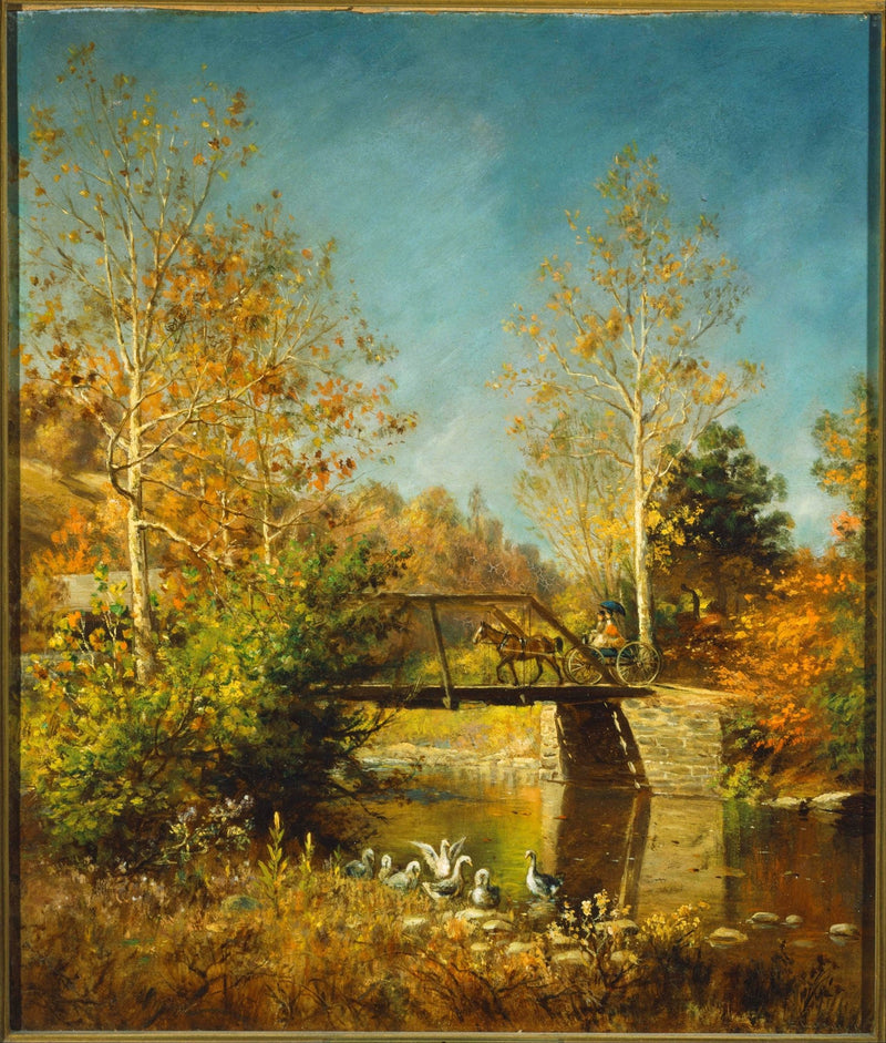Hand painted landscape oil painting on canvas featuring autumn trees, a bridge with a horse carriage crossing, and textured. - Add Frame, Animal, Architecture, Canvas, Country, Hand Painted, Landscape, Made To Order, Oil Painting, River