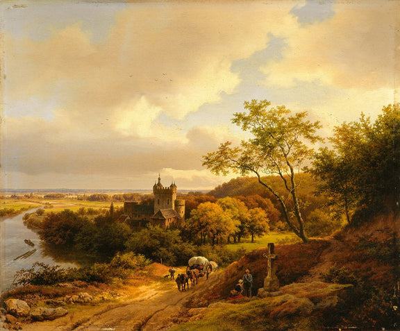 Hand-painted autumn castle landscape with horse cart oil painting on canvas