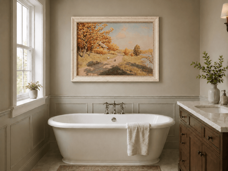 Peinture à l'huile de paysage - Cottage au bord du lac et chemin de campagne en automne