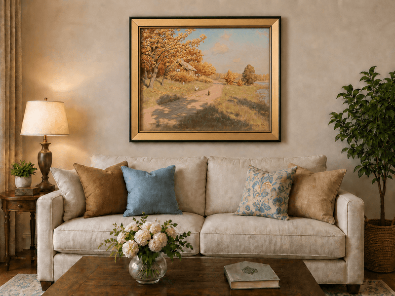Peinture à l'huile de paysage - Cottage au bord du lac et chemin de campagne en automne