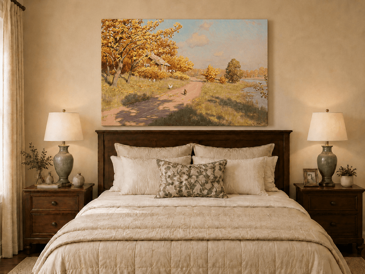 Peinture à l'huile de paysage - Cottage au bord du lac et chemin de campagne en automne