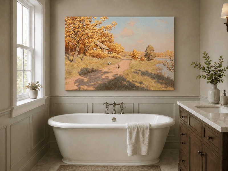 Peinture à l'huile de paysage - Cottage au bord du lac et chemin de campagne en automne