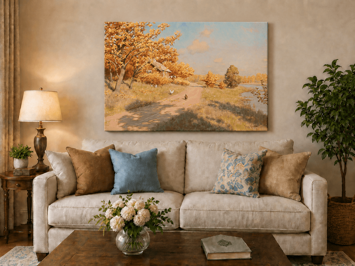 Peinture à l'huile de paysage - Cottage au bord du lac et chemin de campagne en automne