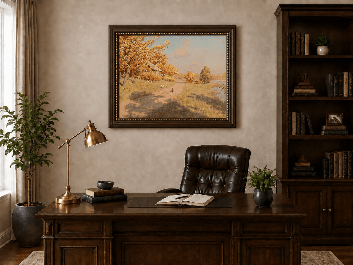 Peinture à l'huile de paysage - Cottage au bord du lac et chemin de campagne en automne