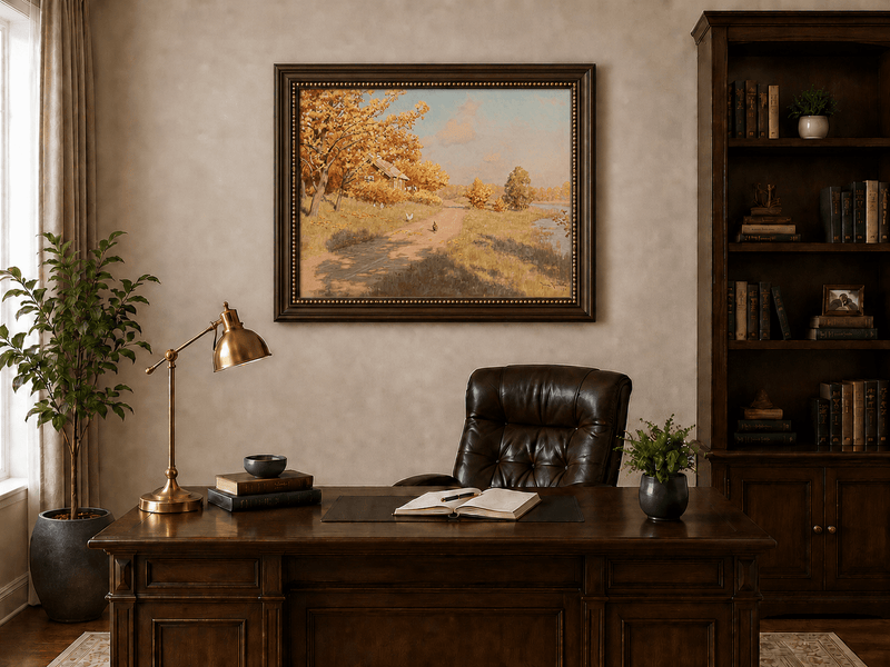 Peinture à l'huile de paysage - Cottage au bord du lac et chemin de campagne en automne