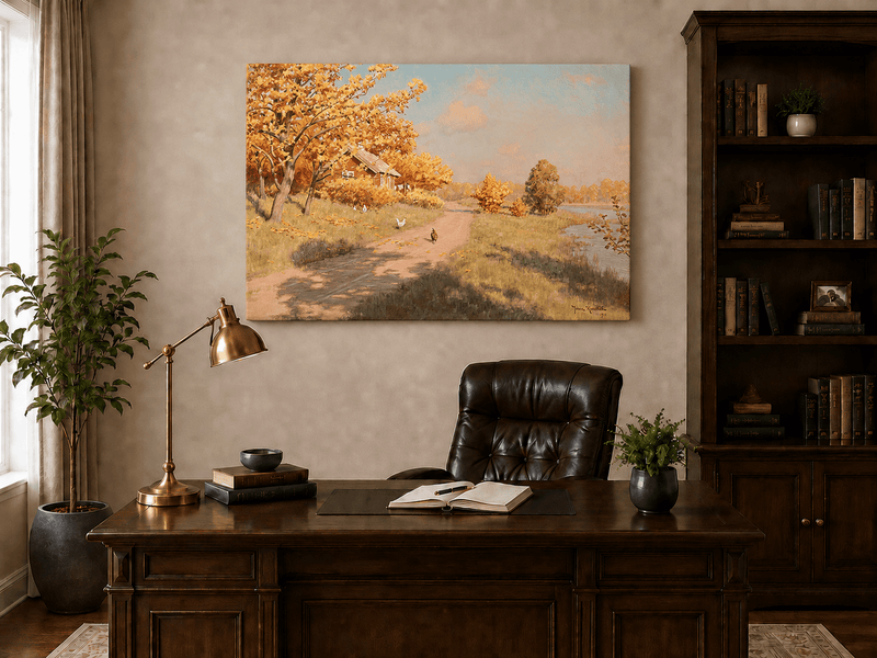 Peinture à l'huile de paysage - Cottage au bord du lac et chemin de campagne en automne