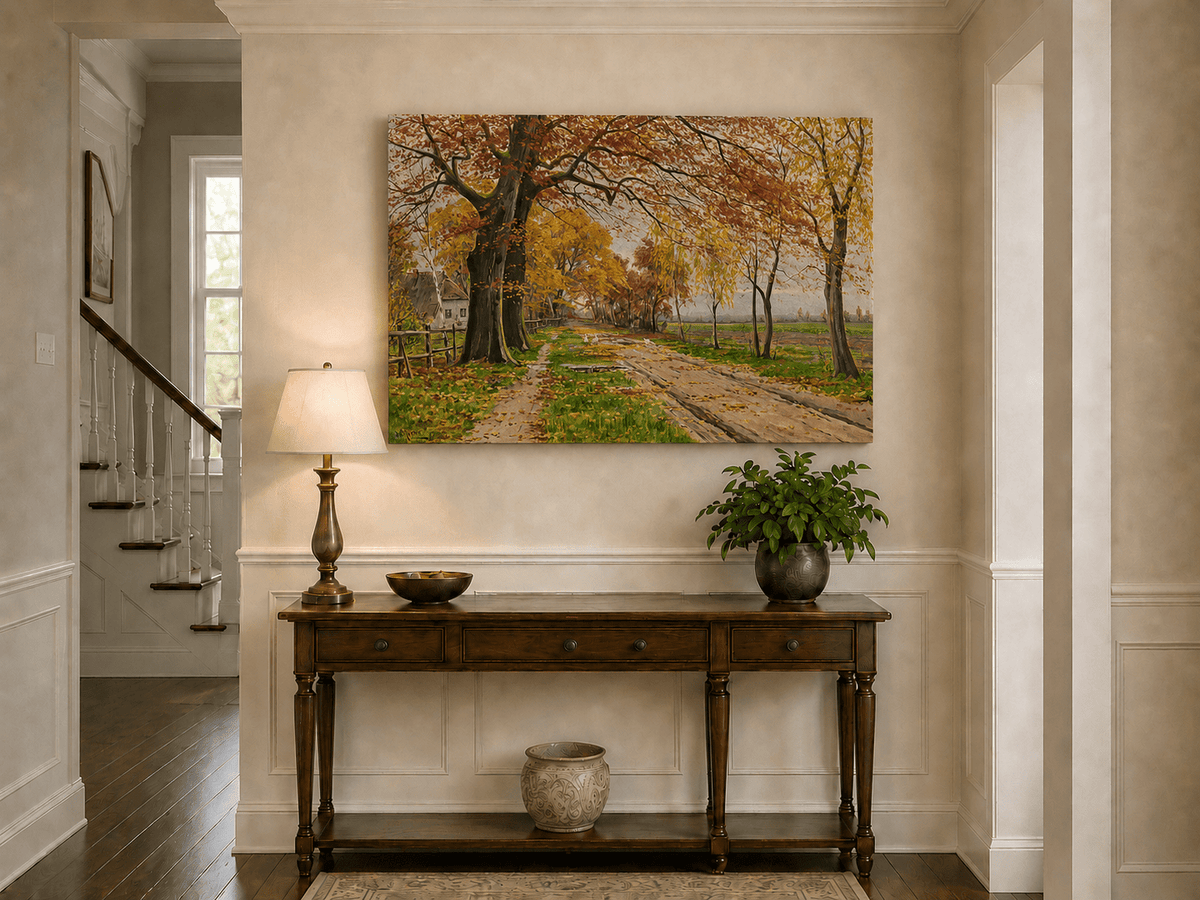 Landscape Oil Painting - Autumn Country Road with Geese