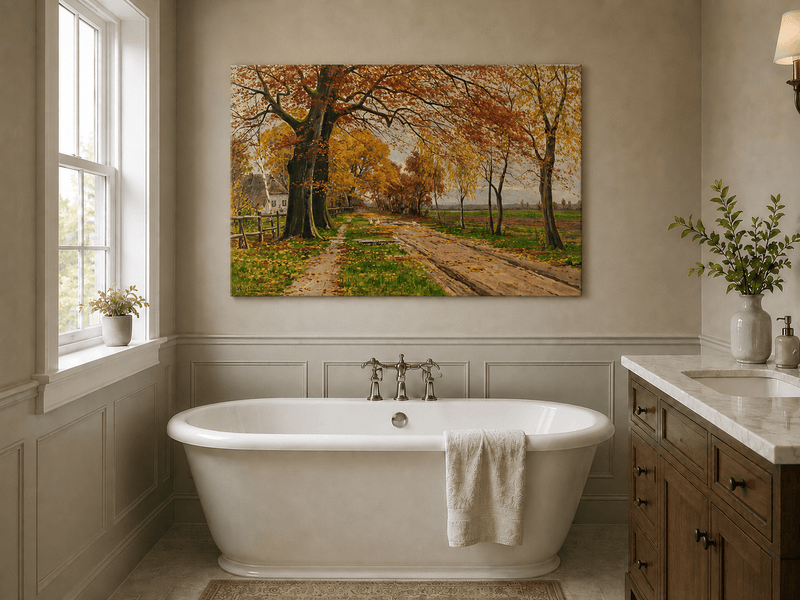 Landscape Oil Painting - Autumn Country Road with Geese