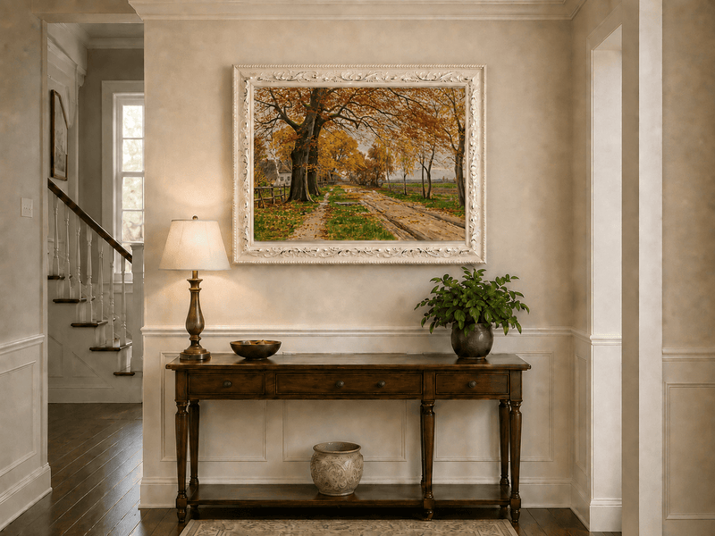 Landscape Oil Painting - Autumn Country Road with Geese