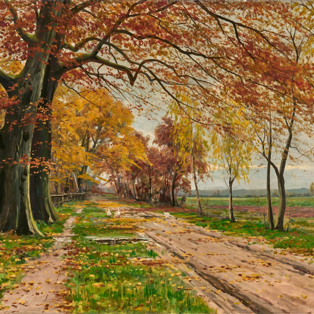 Hand-painted autumn country road with geese landscape oil painting on canvas