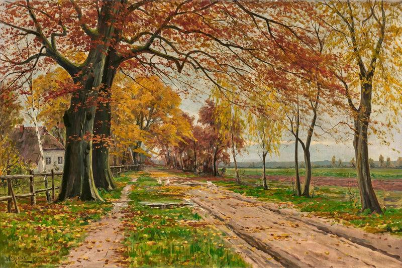 Hand-painted autumn country road with geese landscape oil painting on canvas