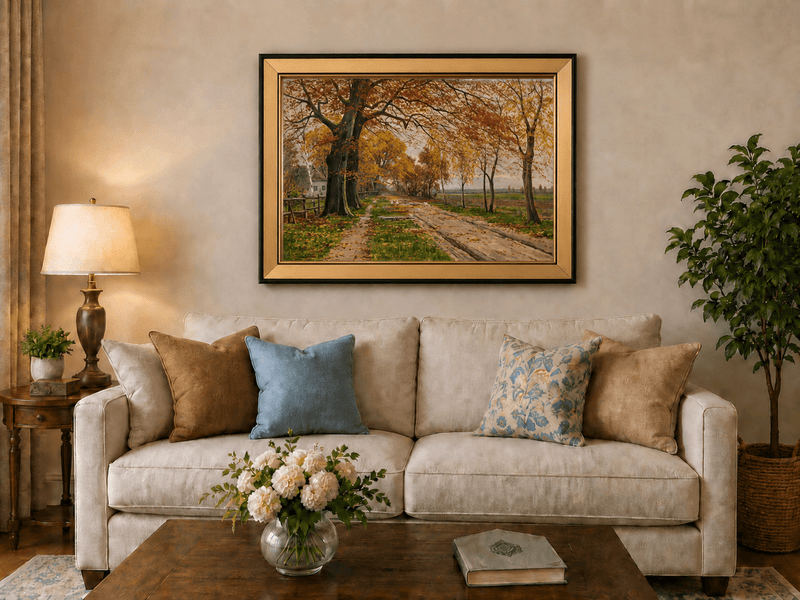 Landscape Oil Painting - Autumn Country Road with Geese