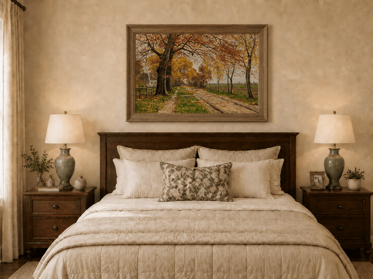Landscape Oil Painting - Autumn Country Road with Geese