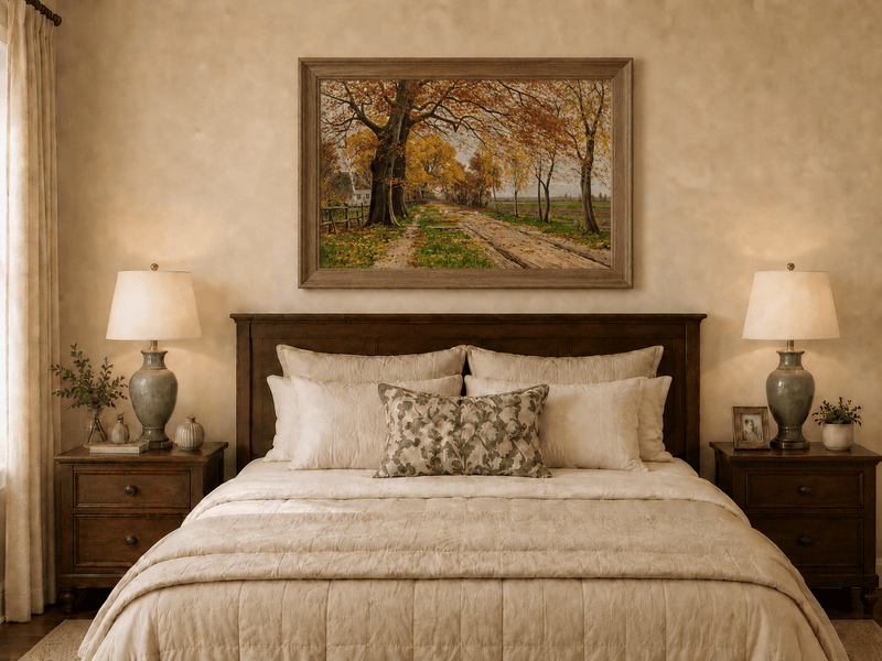 Landscape Oil Painting - Autumn Country Road with Geese