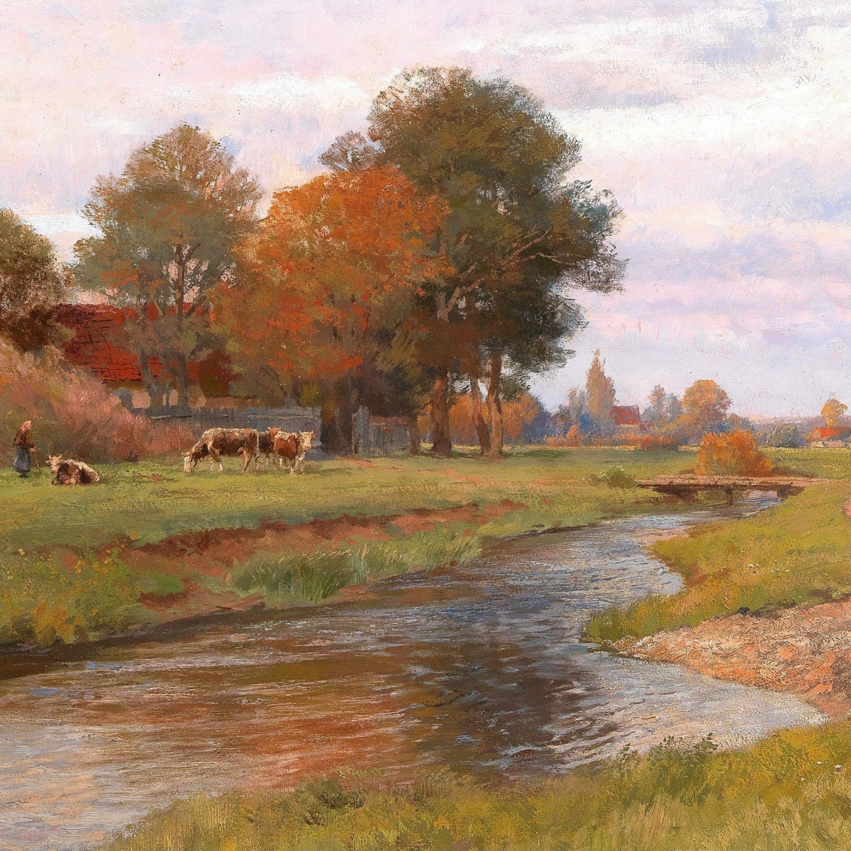 Hand-painted autumn creek and pastoral meadow landscape oil painting on canvas
