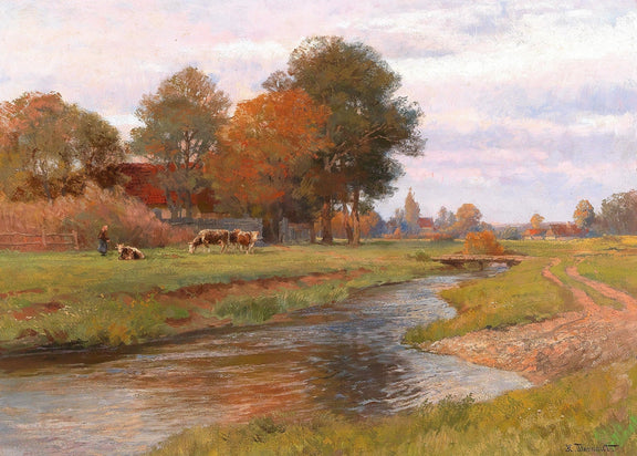 Hand-painted autumn creek and pastoral meadow landscape oil painting on canvas