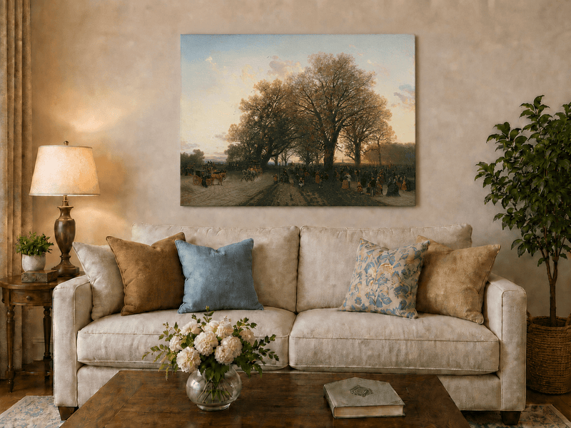 Landscape Oil Painting - Autumn evening park large trees crowds