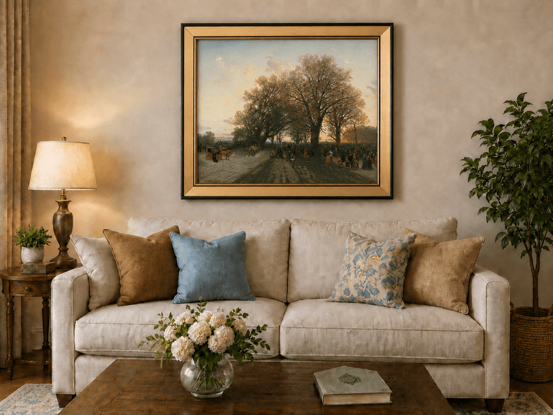 Landscape Oil Painting - Autumn evening park large trees crowds