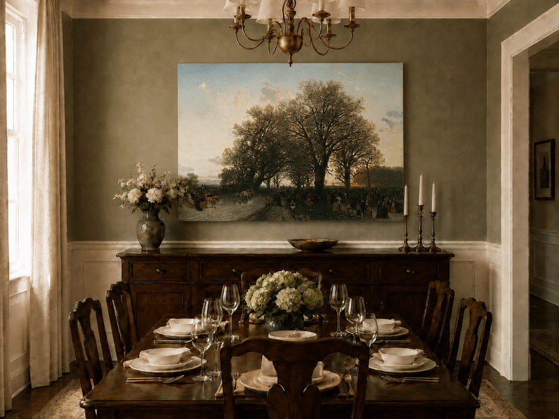 Landscape Oil Painting - Autumn evening park large trees crowds