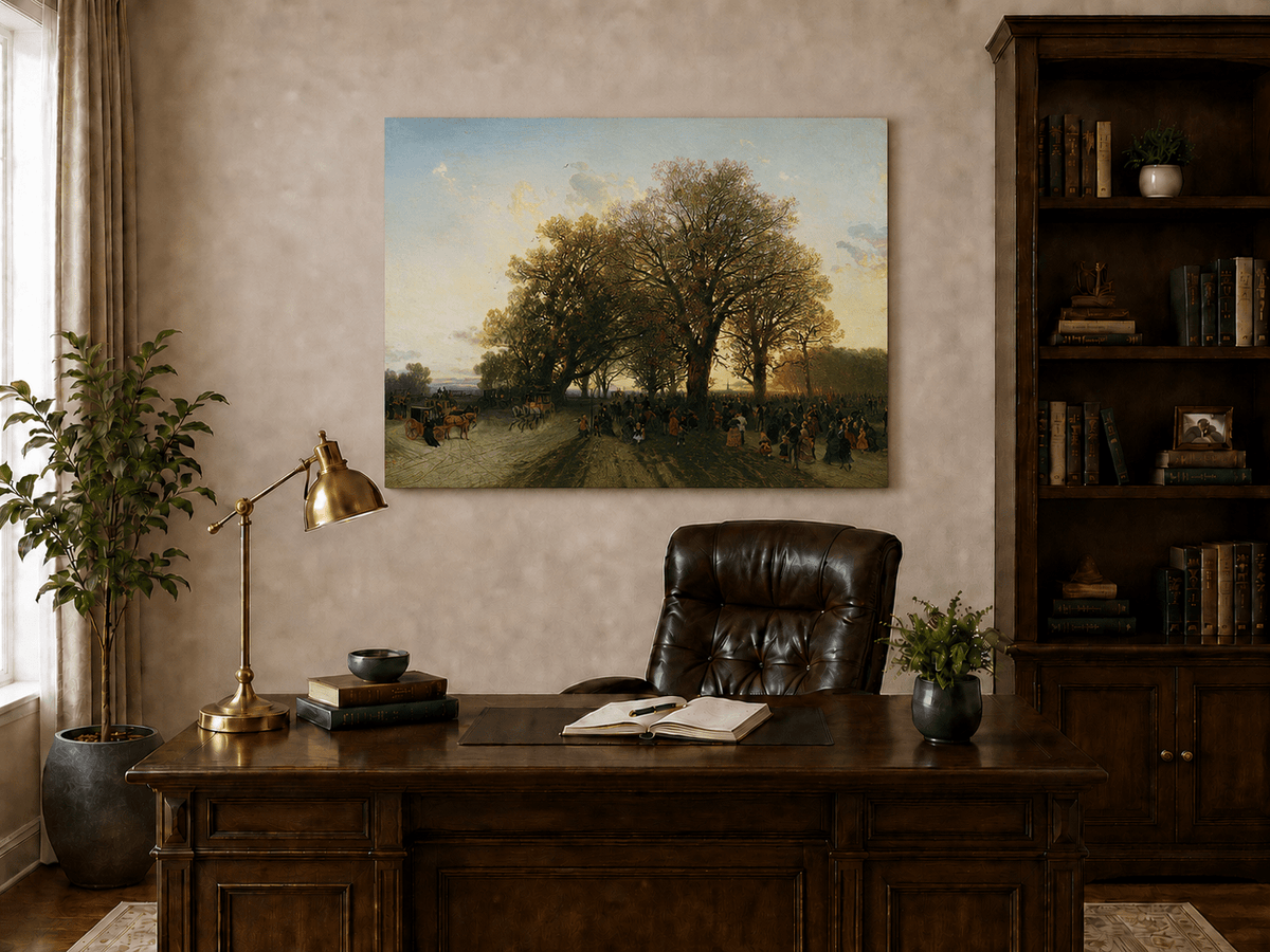 Landscape Oil Painting - Autumn evening park large trees crowds