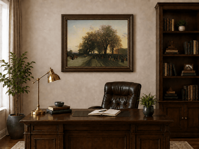 Landscape Oil Painting - Autumn evening park large trees crowds