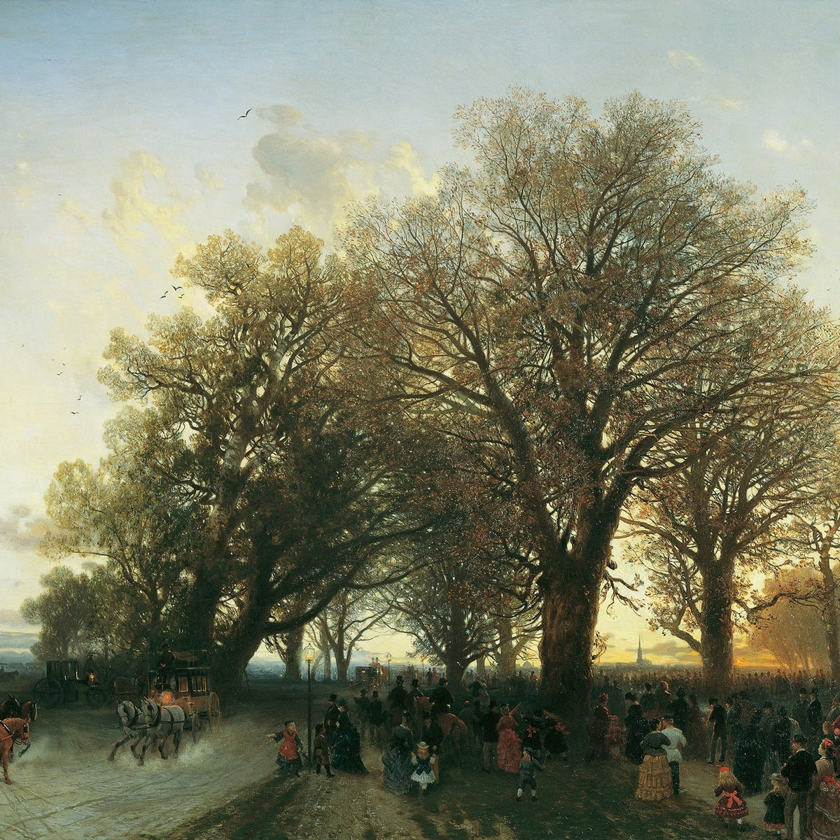 Landscape Oil Painting - autumn evening park large trees crowds - Oil Painting Haven
