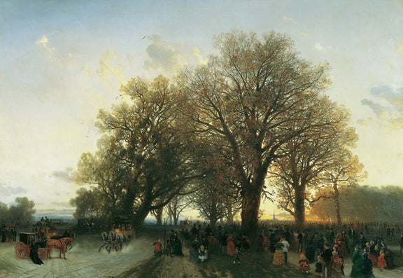 Landscape Oil Painting - autumn evening park large trees crowds - Oil Painting Haven
