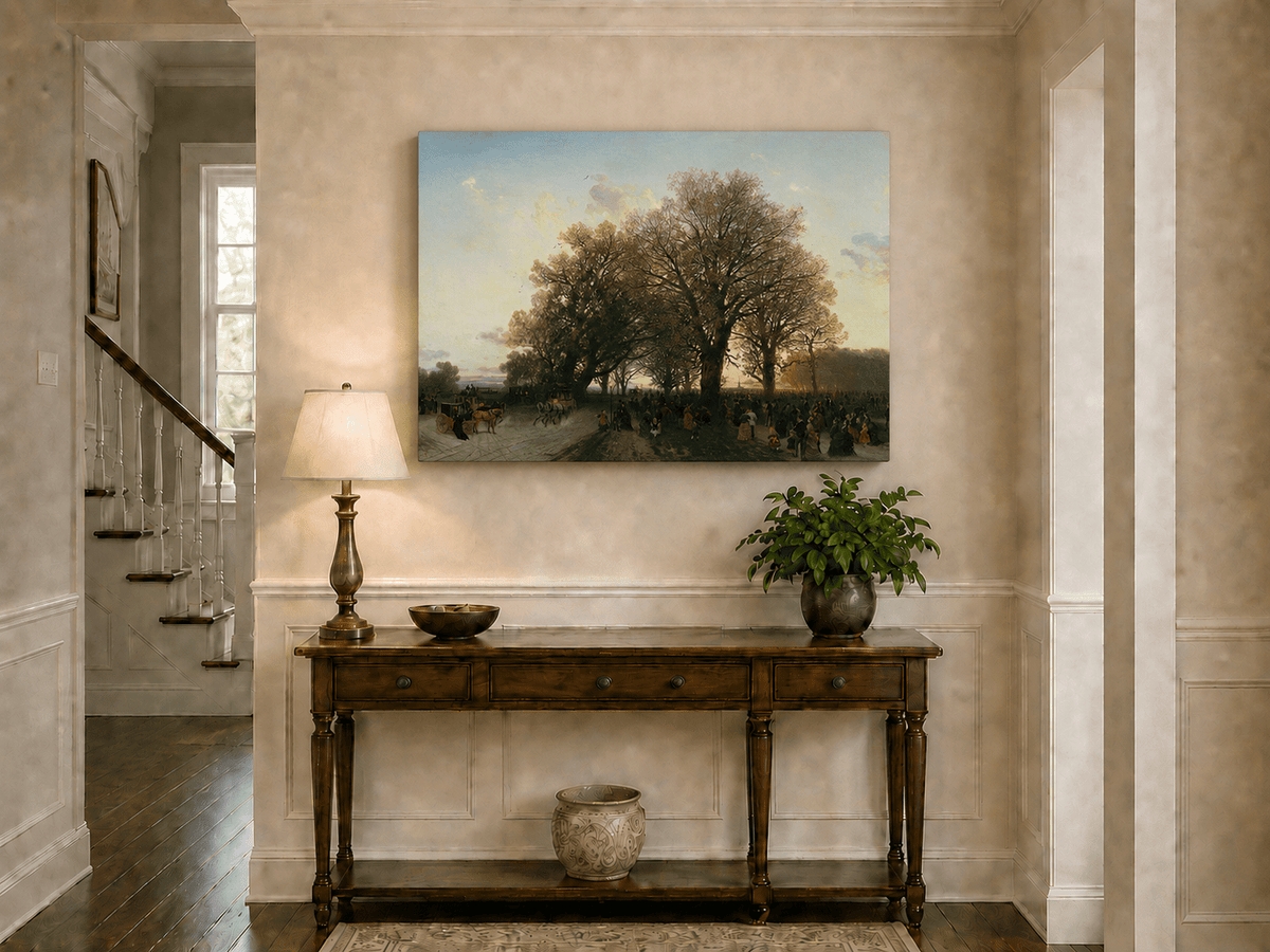 Landscape Oil Painting - Autumn evening park large trees crowds