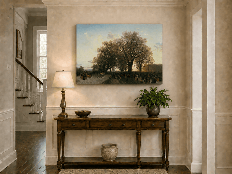 Landscape Oil Painting - Autumn evening park large trees crowds