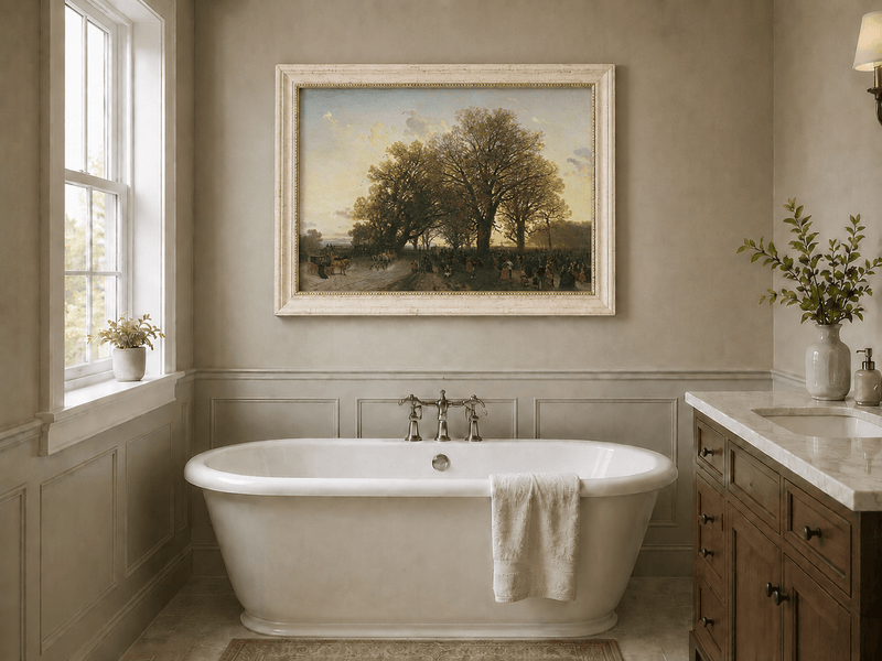 Landscape Oil Painting - Autumn evening park large trees crowds