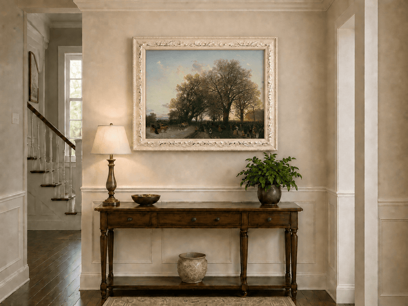 Landscape Oil Painting - Autumn evening park large trees crowds