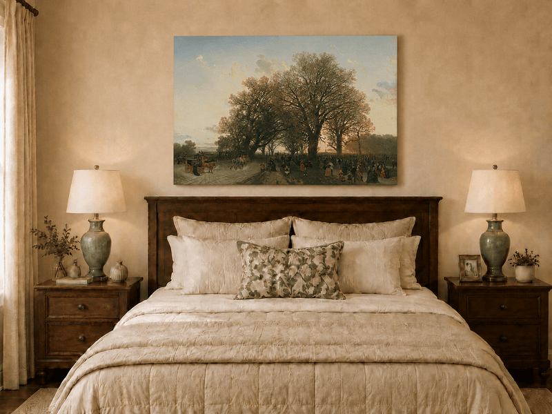 Landscape Oil Painting - Autumn evening park large trees crowds