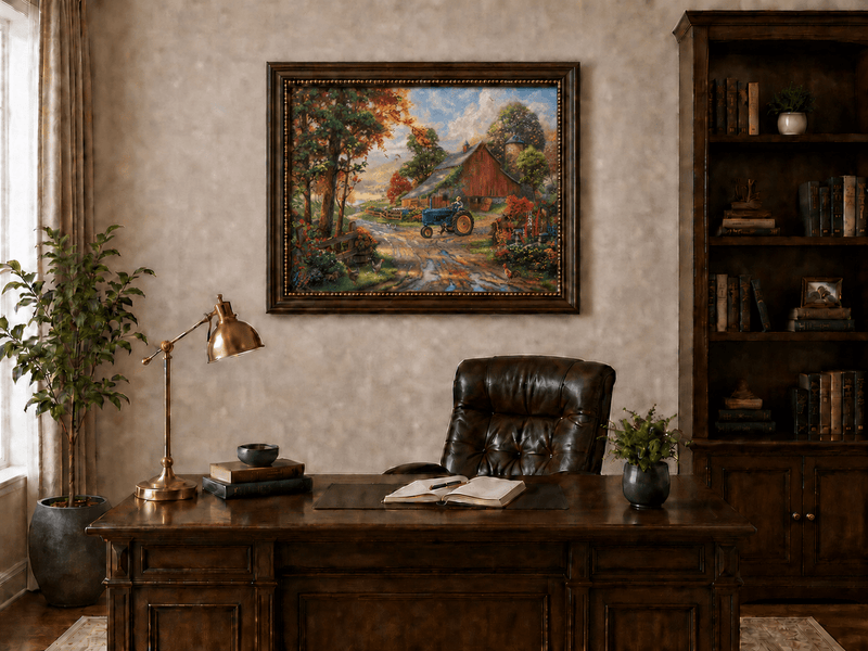 Landscape Oil Painting - Autumn Farm with Blue Tractor & Red Barn