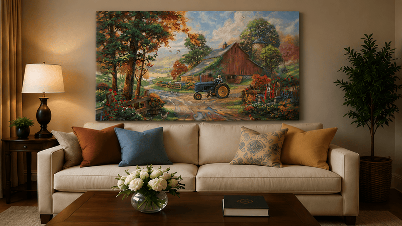 Landscape Oil Painting - Autumn Farm with Blue Tractor & Red Barn