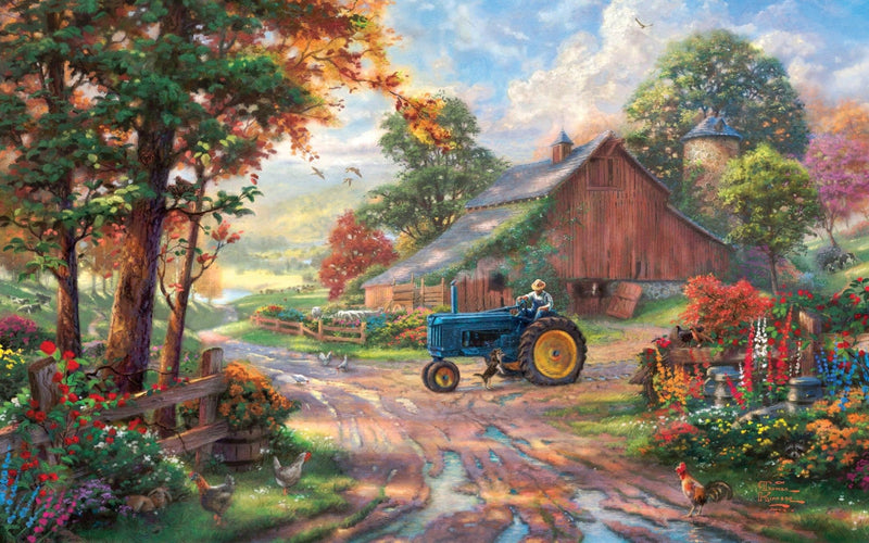 Landscape Oil Painting - Autumn Farm with Blue Tractor & Red Barn - Oil Painting Haven