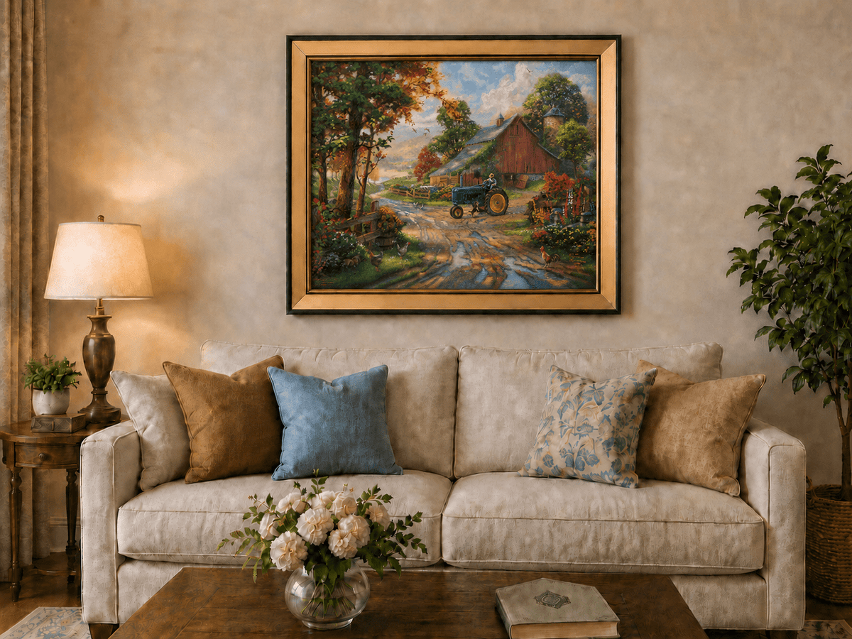 Landscape Oil Painting - Autumn Farm with Blue Tractor & Red Barn