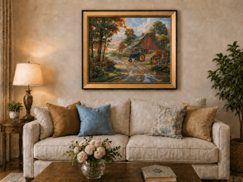 Landscape Oil Painting - Autumn Farm with Blue Tractor & Red Barn