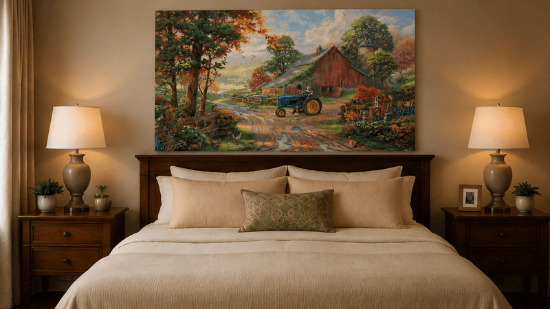 Landscape Oil Painting - Autumn Farm with Blue Tractor & Red Barn