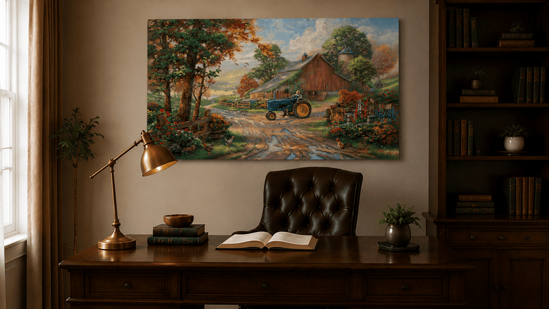 Landscape Oil Painting - Autumn Farm with Blue Tractor & Red Barn