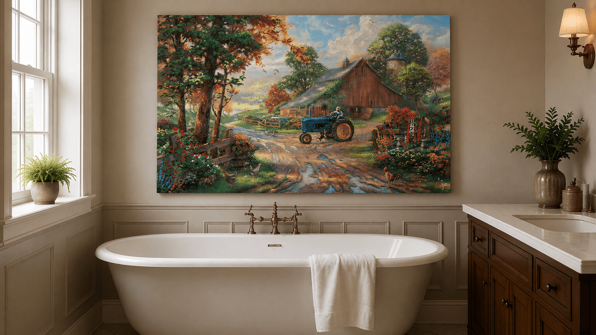 Landscape Oil Painting - Autumn Farm with Blue Tractor & Red Barn
