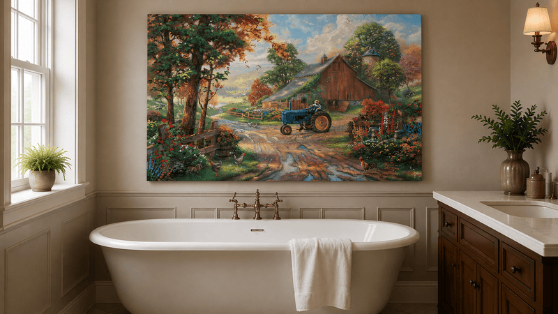Landscape Oil Painting - Autumn Farm with Blue Tractor & Red Barn