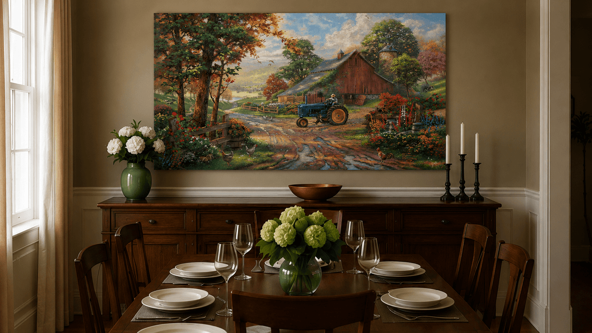 Landscape Oil Painting - Autumn Farm with Blue Tractor & Red Barn