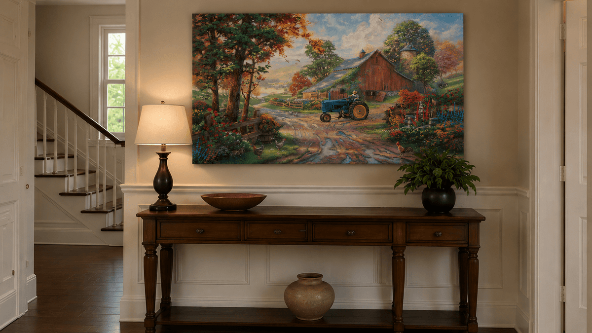 Landscape Oil Painting - Autumn Farm with Blue Tractor & Red Barn