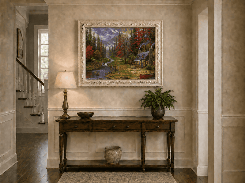 Landscape Oil Painting - Autumn Forest Cabin With Fishing Angler