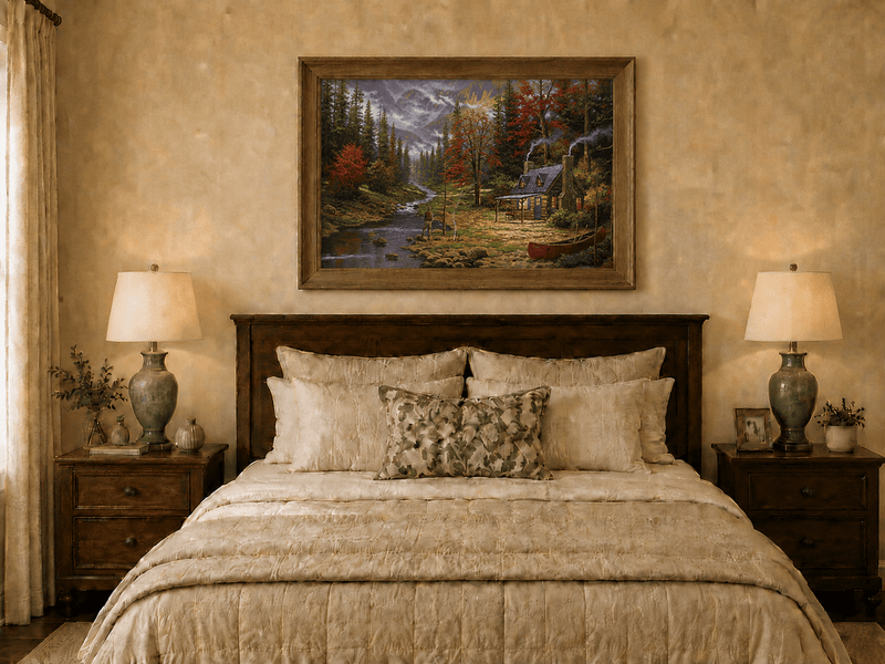 Landscape Oil Painting - Autumn Forest Cabin With Fishing Angler