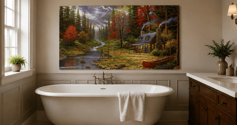 Landscape Oil Painting - Autumn Forest Cabin With Fishing Angler